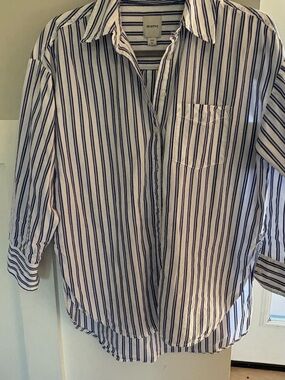 Maeve White Button-Down Shirt with Navy Stripes